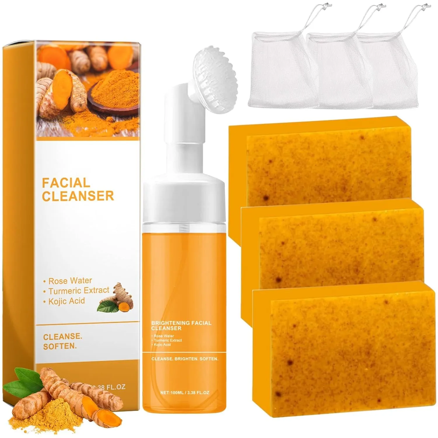 Turmeric Wash and Care Two Piece Set, Tuemeric Facial Cleanser & Turmeric Soap Bar,Face & Body Cleanser, Tur-meric Face Wash and Natural Turmerics Handmade Soap, Deep Cleansing