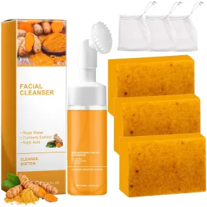 Turmeric Wash and Care Two Piece Set, Tuemeric Facial Cleanser & Turmeric Soap Bar,Face & Body Cleanser, Tur-meric Face Wash and Natural Turmerics Handmade Soap, Deep Cleansing