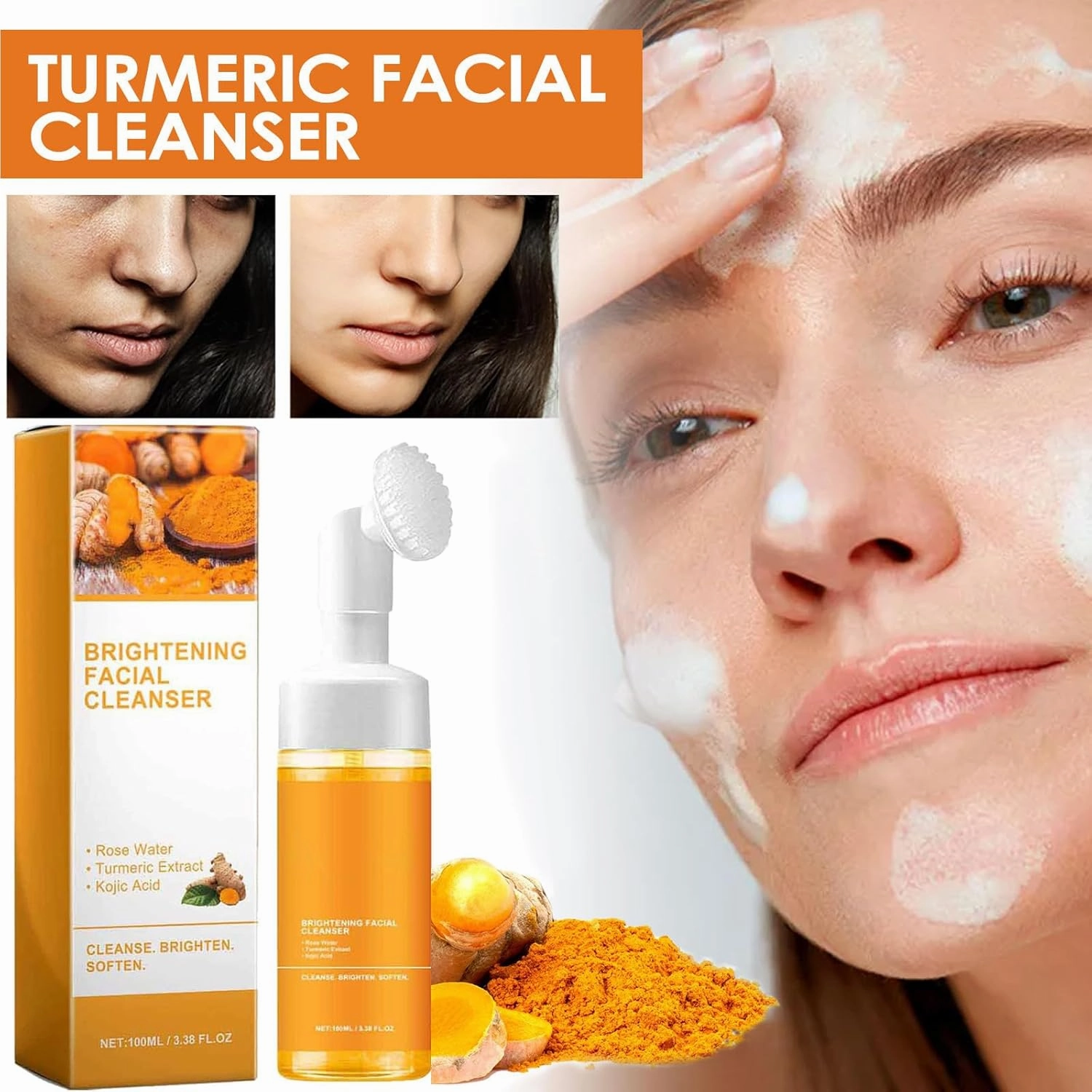 Turmeric Facial Cleanser, Turmeric Face Wash for Black Women, Turmeric Kojic Face Wash, Turmeric Glowing Foaming Face Cleanser, Turmeric Glow Skincare (2PC)