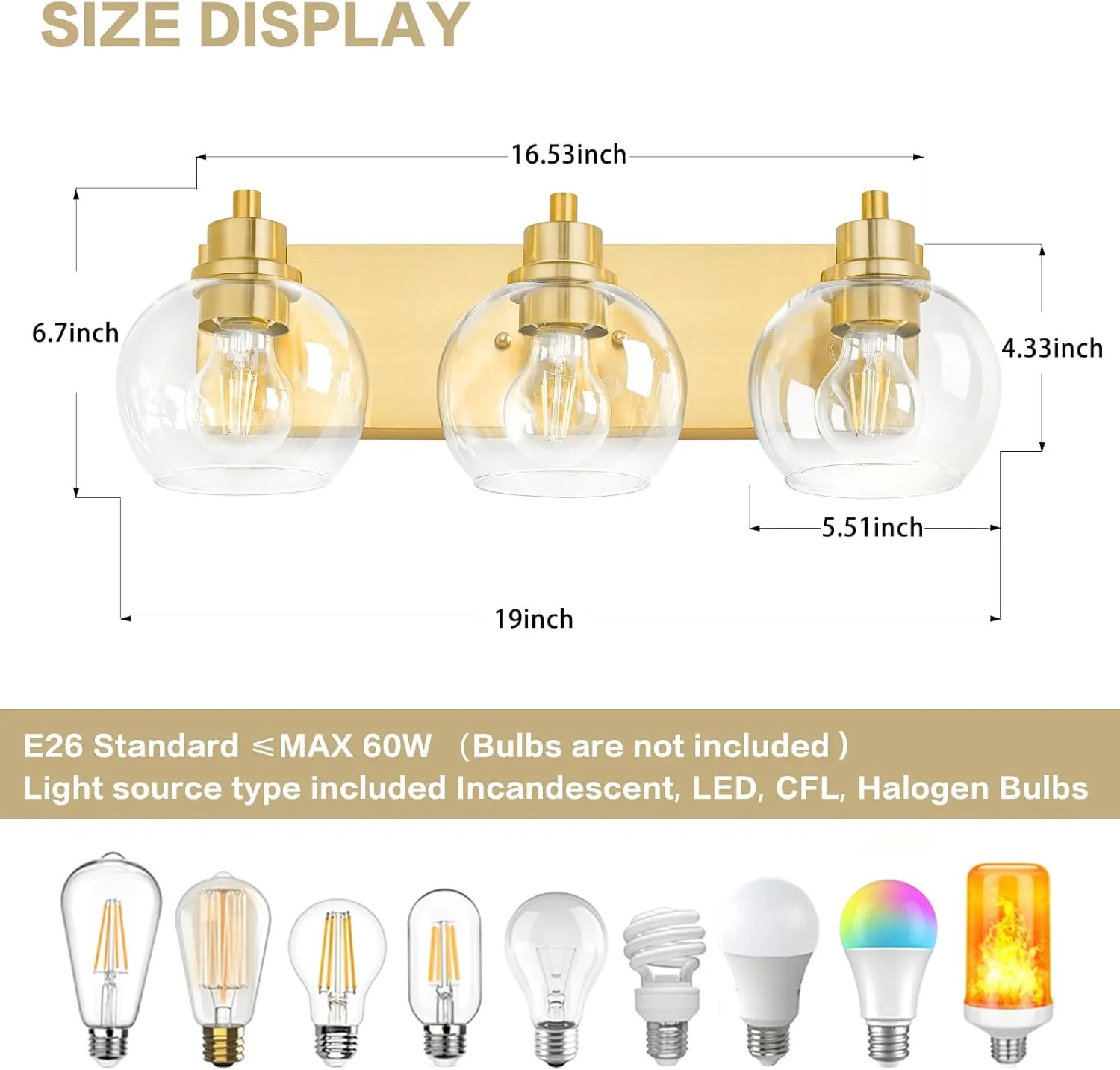 Tuscarora Gold Bathroom Light, Brushed Gold Vanity Lighting with Clear Glass Shade,Bathroom Lamp Over Mirror,Lighting Fixtures for Mirror