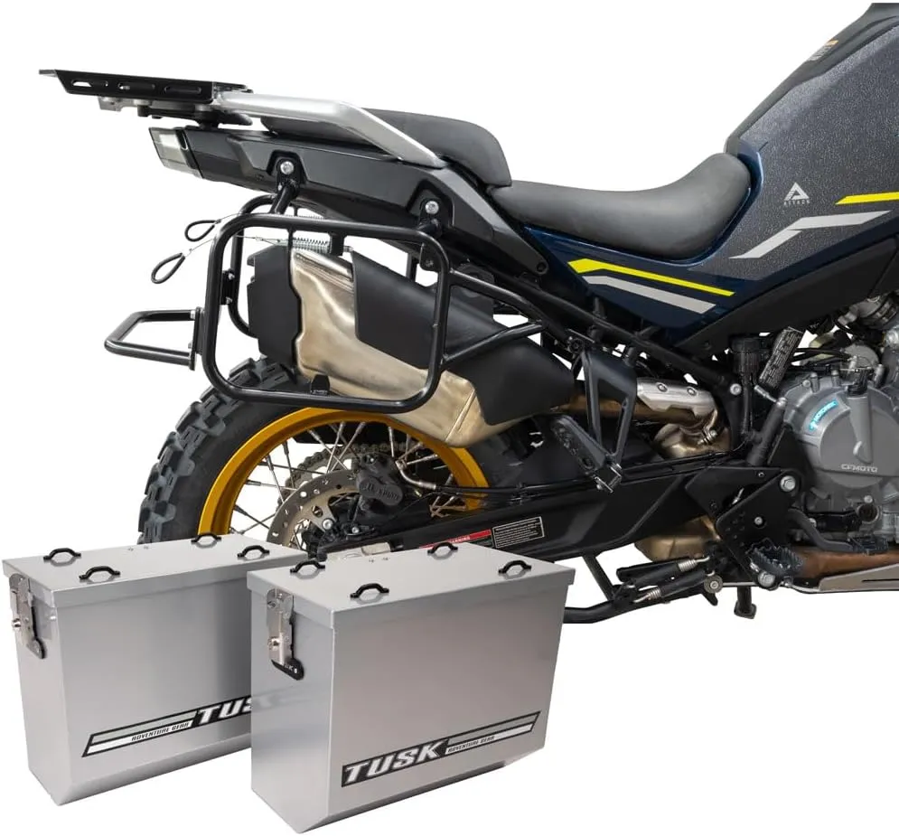 TUSK V2 Aluminum Pannier Boxes with Steel Pannier Racks- Fits CFMOTO IBEX 800 2023-2025 (Silver, Large)