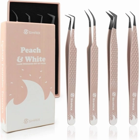 Tweezers for Eyelash Extensions - Professional (Set of 4) Fiber Tip Lash Tweezers - Diamond Grip - Premium Quality Stainless Steel Eyelash Extension Tweezer. (Peach)