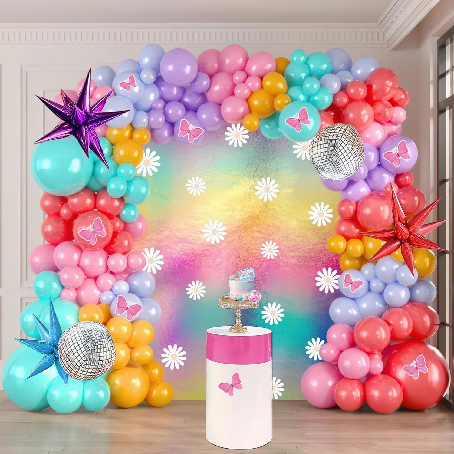 Two Groovy Balloon Arch Kit with Pearl Red Yellow Pink Purple Blue Green Disco Ball Star Explosion foil Balloons for Boho Daisy Theme Birthday Baby Shower Wedding Groovy Party Decorations