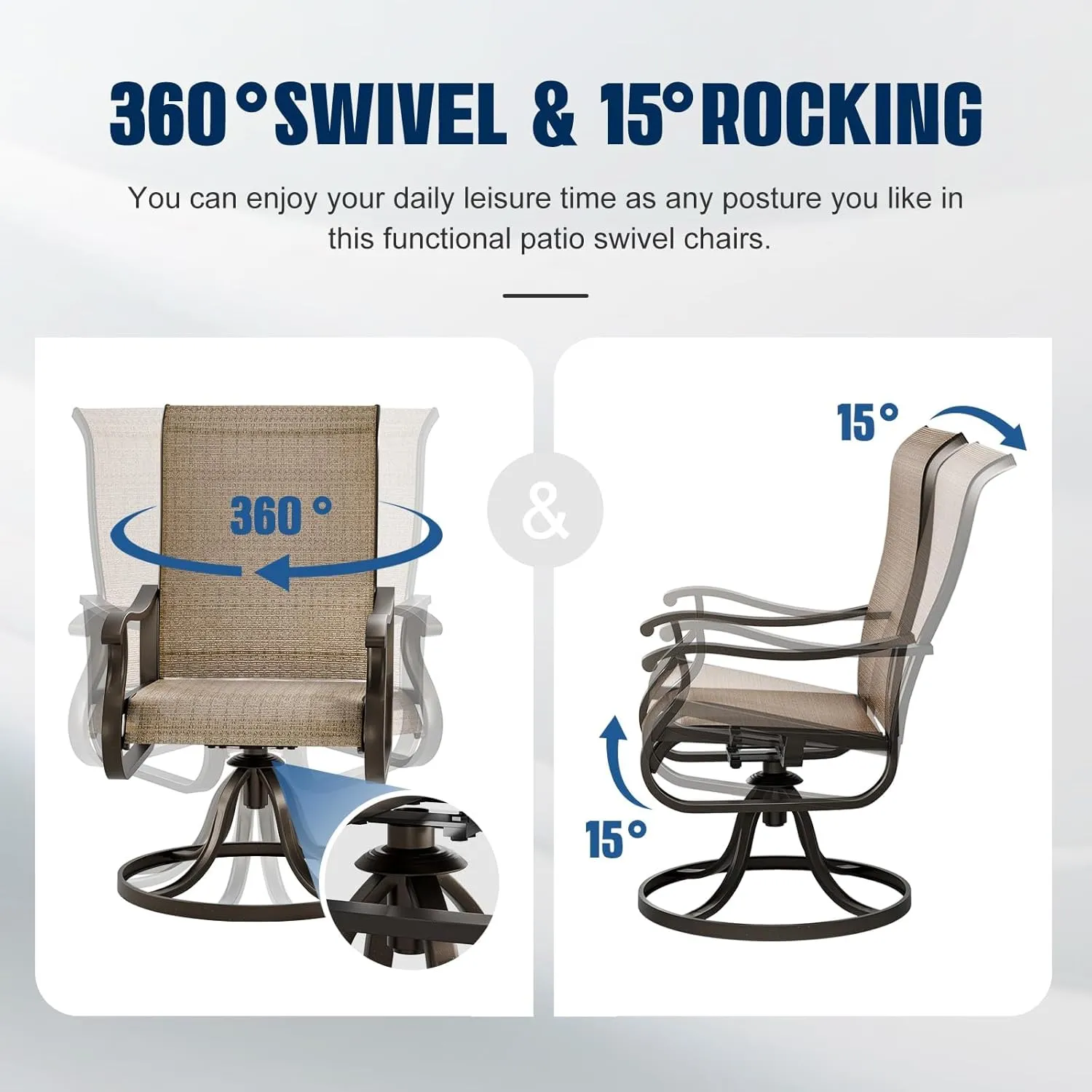 UDPATIO Patio Swivel Dining Chairs Set of 2, Outdoor Dining Chairs High Back with All Weather Breathable Textilene, Metal Rocking Frame for Lawn Garden, Brown