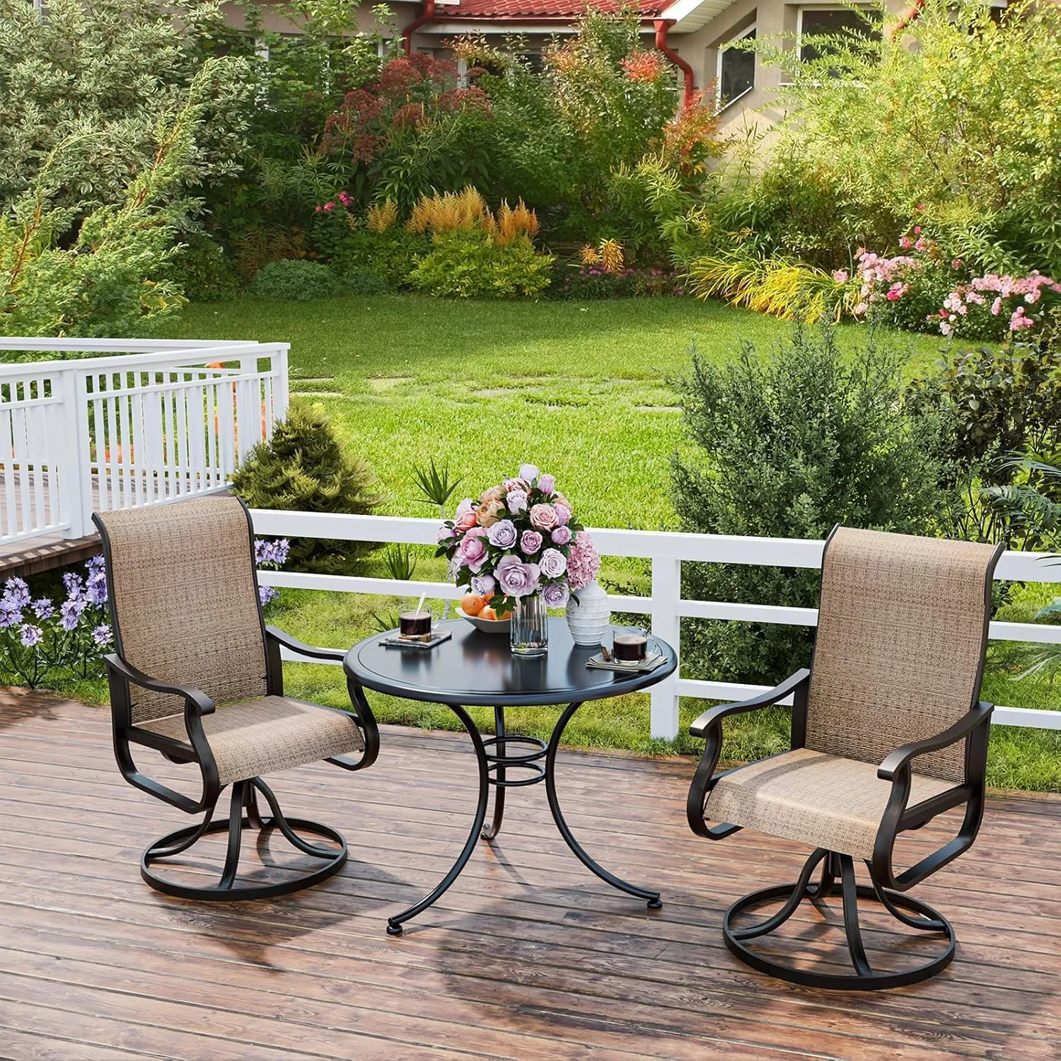 UDPATIO Patio Swivel Dining Chairs Set of 2, Outdoor Dining Chairs High Back with All Weather Breathable Textilene, Metal Rocking Frame for Lawn Garden, Brown