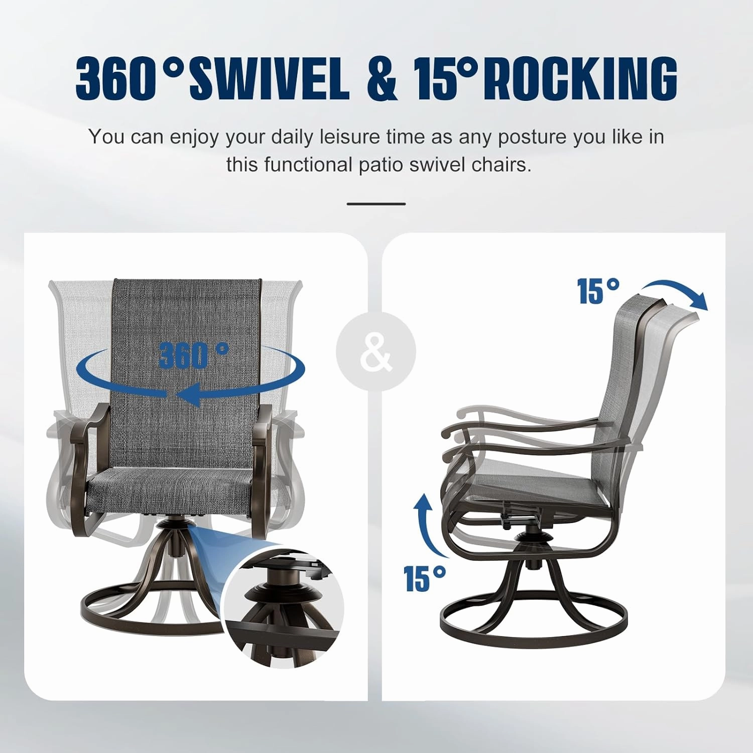 UDPATIO Patio Swivel Dining Chairs Set of 2, Outdoor Dining Chairs High Back with All Weather Breathable Textilene, Metal Rocking Frame for Lawn Garden Backyard, Dark Gray