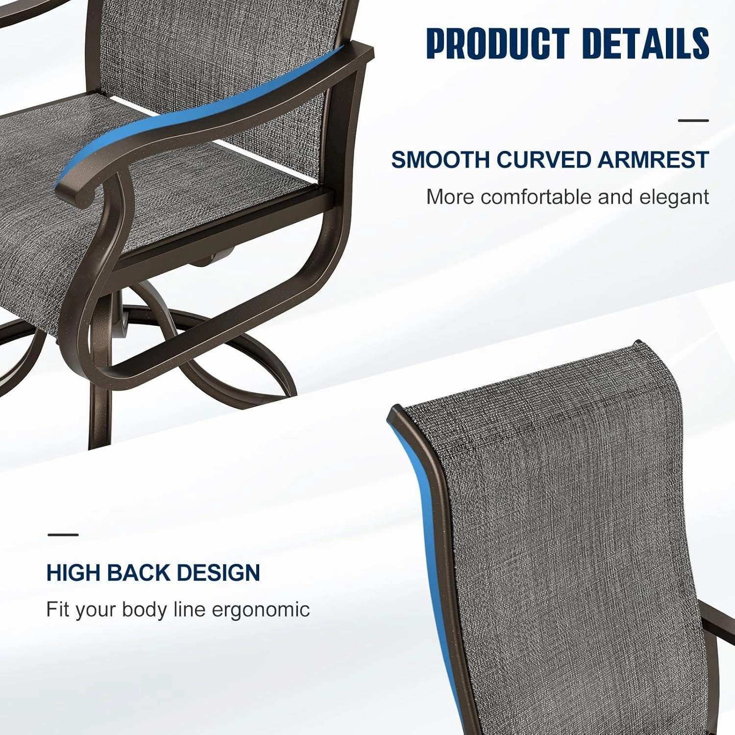 UDPATIO Patio Swivel Dining Chairs Set of 2, Outdoor Dining Chairs High Back with All Weather Breathable Textilene, Metal Rocking Frame for Lawn Garden Backyard, Dark Gray