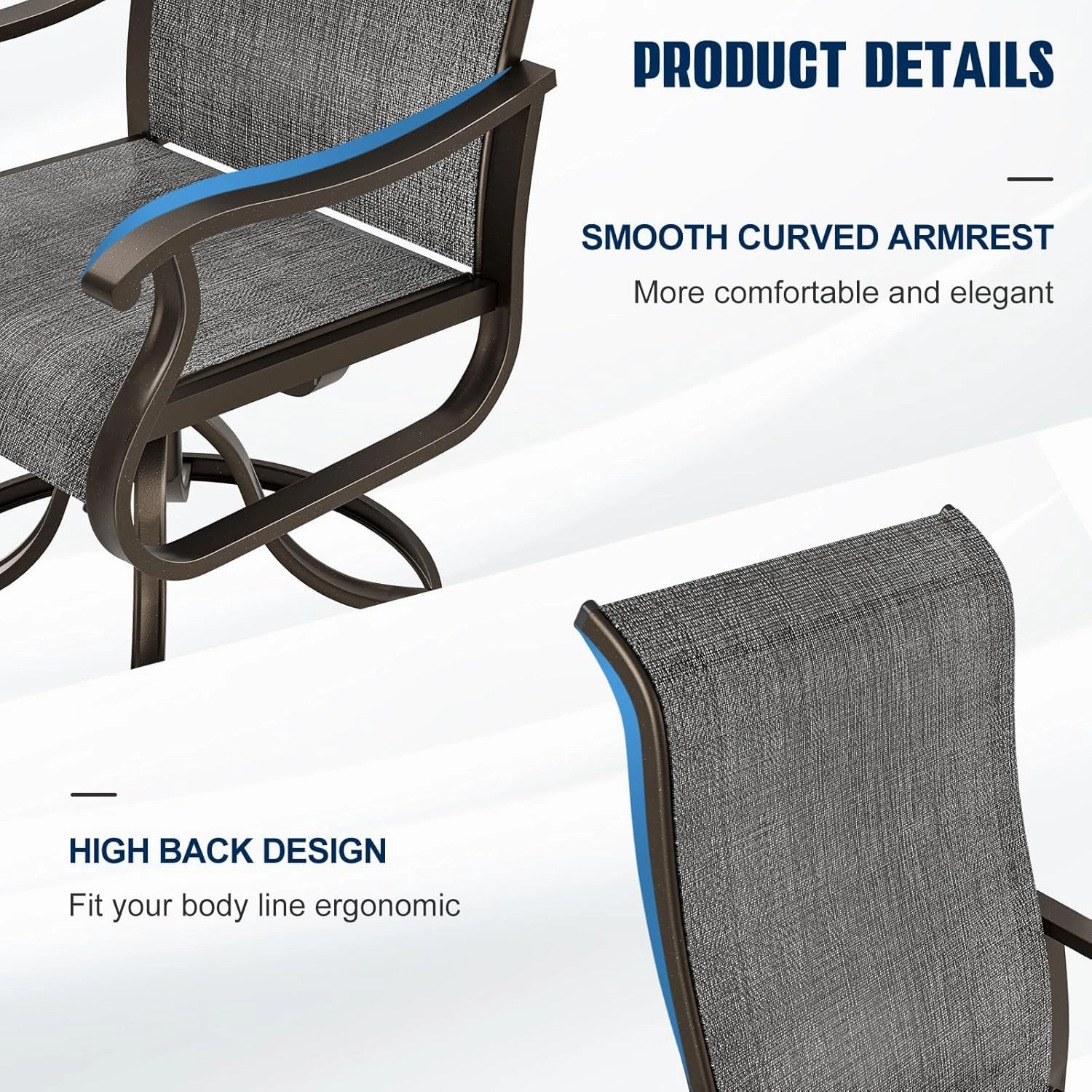 UDPATIO Patio Swivel Dining Chairs Set of 2, Outdoor Dining Chairs High Back with All Weather Breathable Textilene, Metal Rocking Frame for Lawn Garden Backyard, Dark Gray
