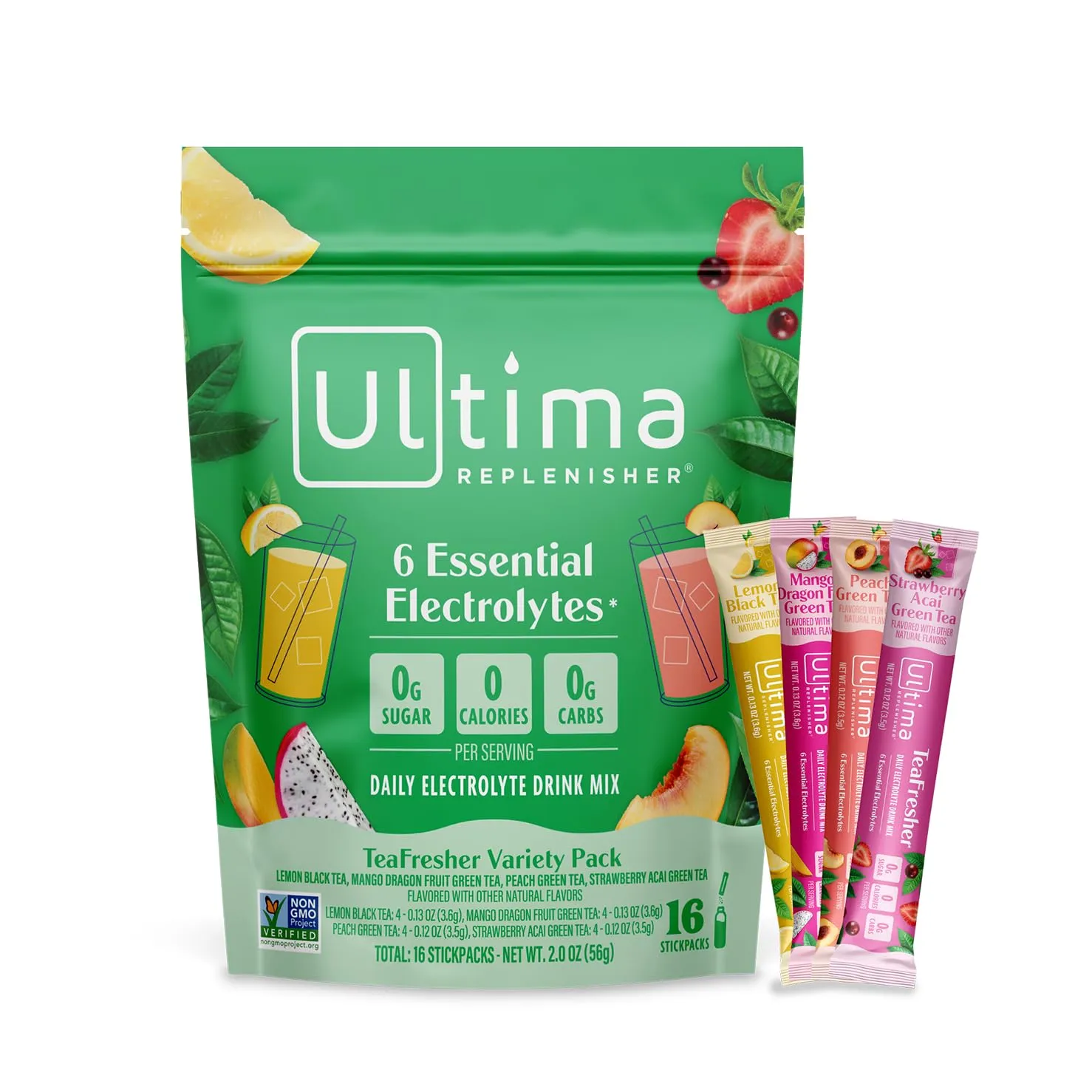 Ultima Replenisher TeaFresher Daily Electrolytes Powder and Instant Tea Mix - Variety Pack, 16 Stickpacks - Hydration Packets with 4 Sugar-Free Fruit and Tea Fusions, 6 Key Electrolytes