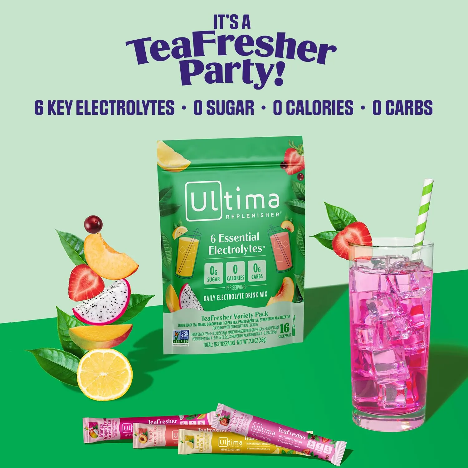 Ultima Replenisher TeaFresher Daily Electrolytes Powder and Instant Tea Mix - Variety Pack, 16 Stickpacks - Hydration Packets with 4 Sugar-Free Fruit and Tea Fusions, 6 Key Electrolytes