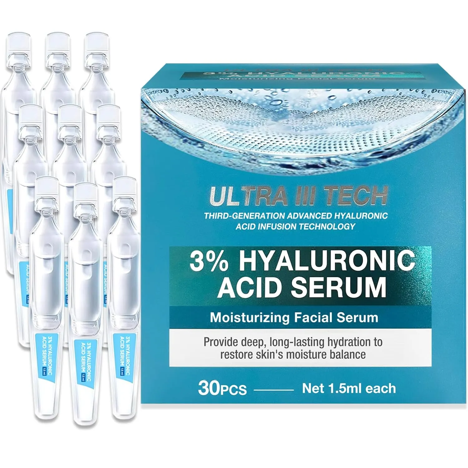 Ultra Hydrating Serum, 3% Hyaluronic Acid for Deep Moisture & Radiant Skin, Hyaluronic Acid   Niacinamide Formula, Non-Greasy, Fast-Absorbing Solution, 1.2ml*30