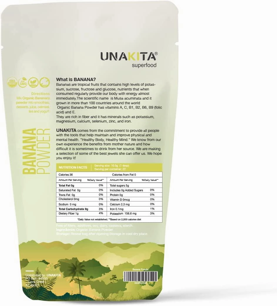 Unakita Organic Banana Fruit Powder, All Natural, Gluten-Free, Freeze-Dried, Raw, Vegan, No Fillers, Non-GMO, Source of Fiber and Vitamins, Super Food, Great Source of Protein for Smoothies (8oz).