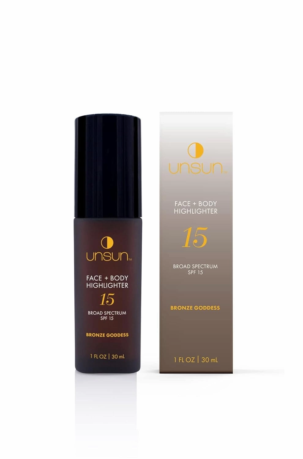Unsun Face & Body Mineral Highlighter with Broad Spectrum SPF 15 - Liquid Illuminator Makeup, Adds Natural Glow - 1 Fl Oz, Bronze Goddess