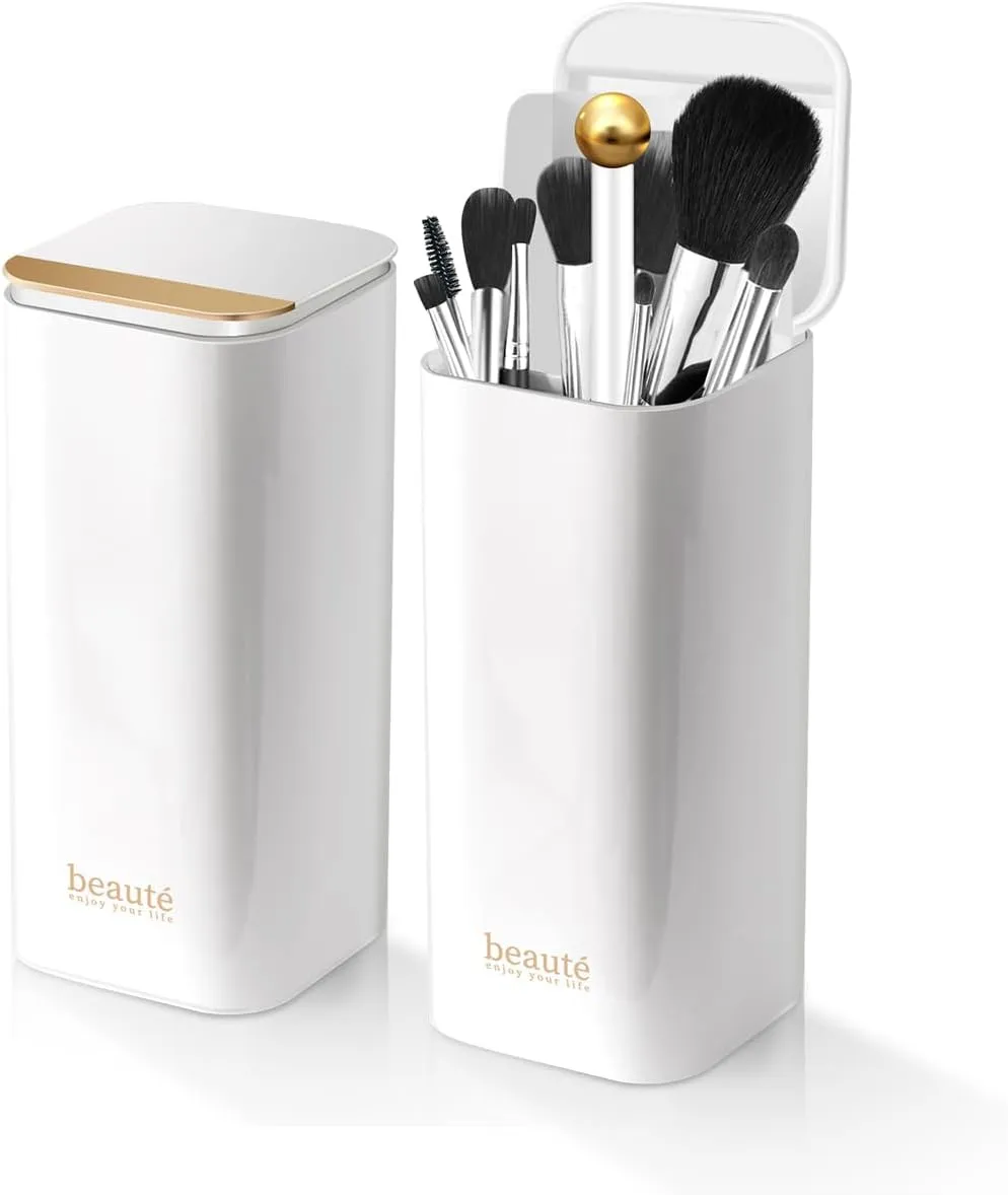 Upgrade Makeup Brush Holder Organizer with Lid, Automatic Lifting Dustproof Makeup Brushes Organizer with 4 Compartments for Vanity，Cosmetic Storage for Dresser Countertop and Bathroom (White Gold)