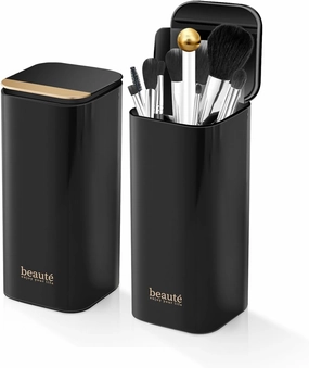 Upgrade Makeup Brush Holder Organizer with Lid, Automatic Lifting Dustproof Makeup Brushes Organizer with 4 Compartments for Vanity，Cosmetic Storage for Dresser Countertop and Bathroom (Black Gold)