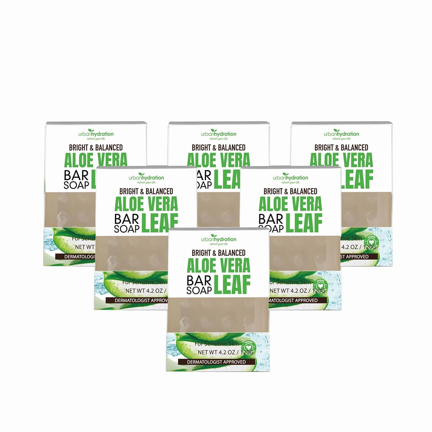 Urban Hydration Aloe Vera Face & Body Bar Soap 6 Pack | Suitable for Daily Use, Silicone, Paraben, Polybead and Sulfate Free, Safe for Oily, Psoriasis and Eczema Prone Skin | 4.2 Ounces