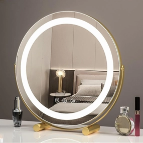 Vanity Makeup Mirror With Lights, Round Cosmetic Mirror LED Makeup Mirror, Smart Touch Control 3 Colors Dimmable Round Mirror, Tabletop Desk Mirror, 360°Rotation (White) ( Color : Gold , Size : 33x30x