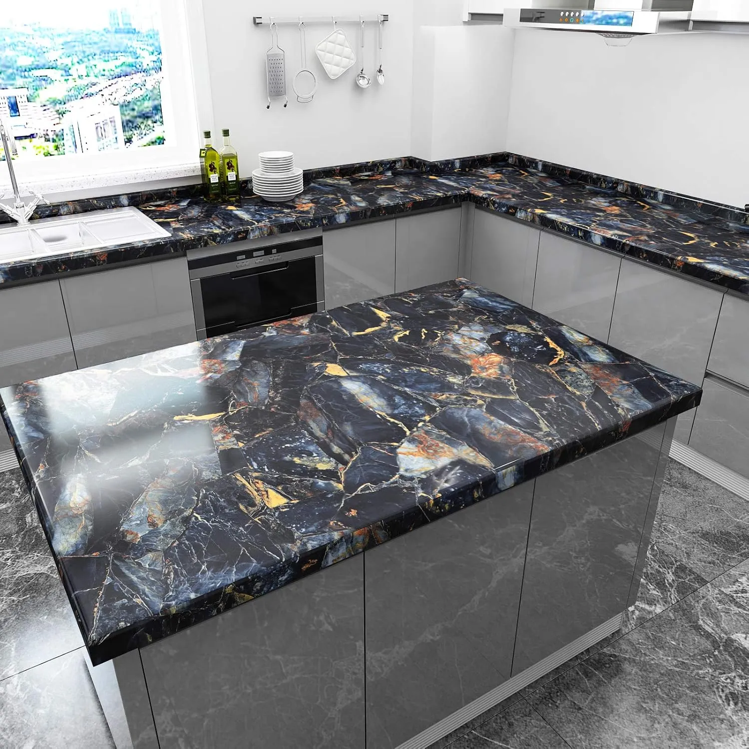 VEELIKE 32''x118'' Blue Gold Marble Contact Paper for Countertops Waterproof Peel and Stick Countertops for Kitchen Marble Wallpaper Granite Counter Top Stick Paper Self Adhesive for Bathroom Desk