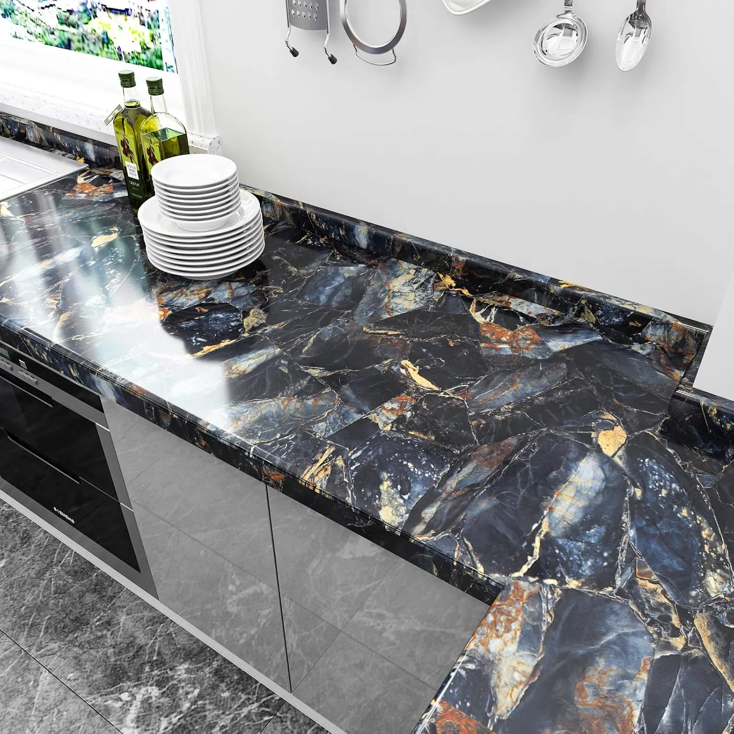 VEELIKE 32''x118'' Blue Gold Marble Contact Paper for Countertops Waterproof Peel and Stick Countertops for Kitchen Marble Wallpaper Granite Counter Top Stick Paper Self Adhesive for Bathroom Desk