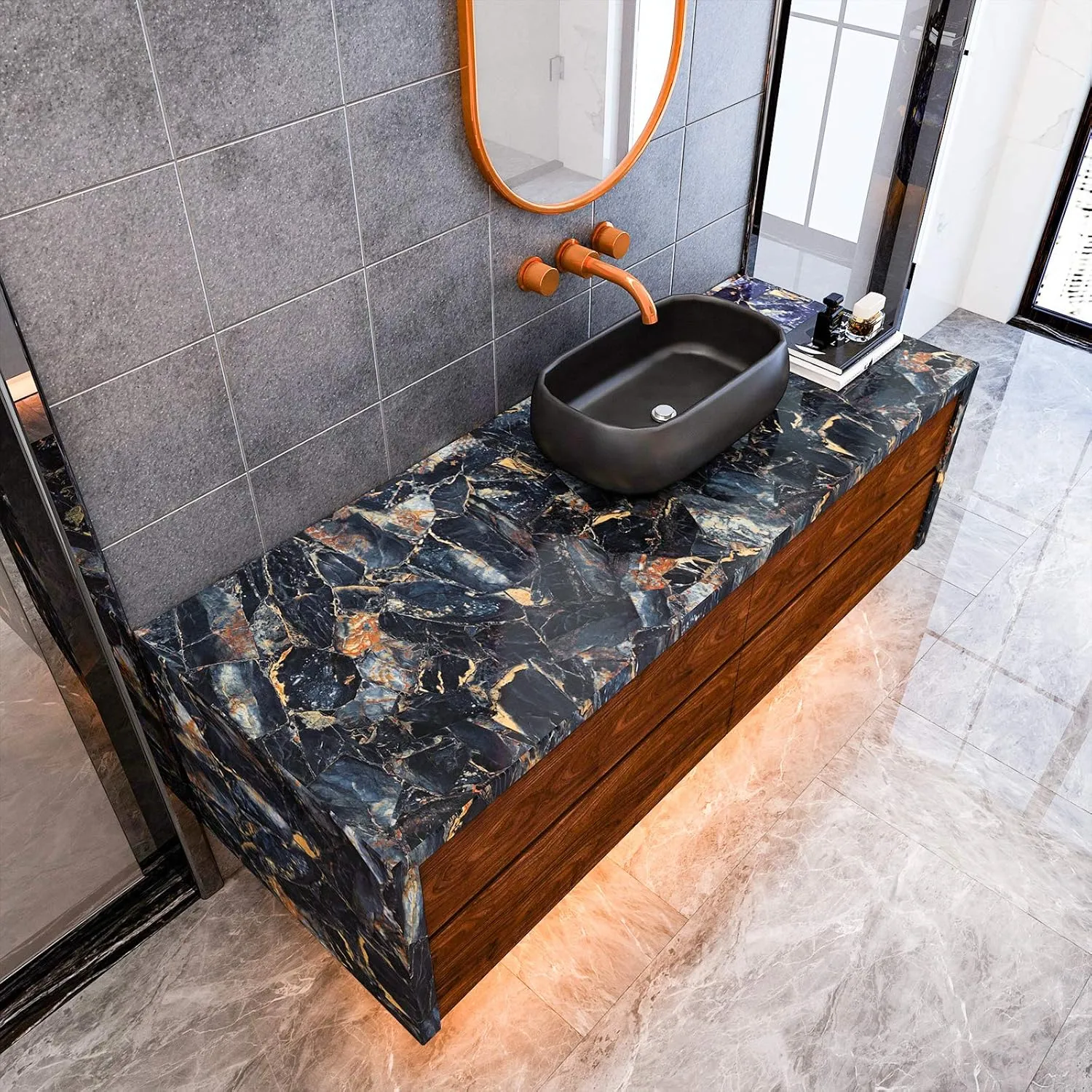 VEELIKE 32''x118'' Blue Gold Marble Contact Paper for Countertops Waterproof Peel and Stick Countertops for Kitchen Marble Wallpaper Granite Counter Top Stick Paper Self Adhesive for Bathroom Desk