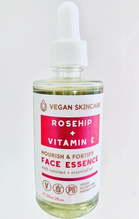 Vegan Skincare Face Oil Essence Rosehip and Vitamin E with coconut and essential oil. 2 fl oz Vegan/Gluten Free/Paraben Free