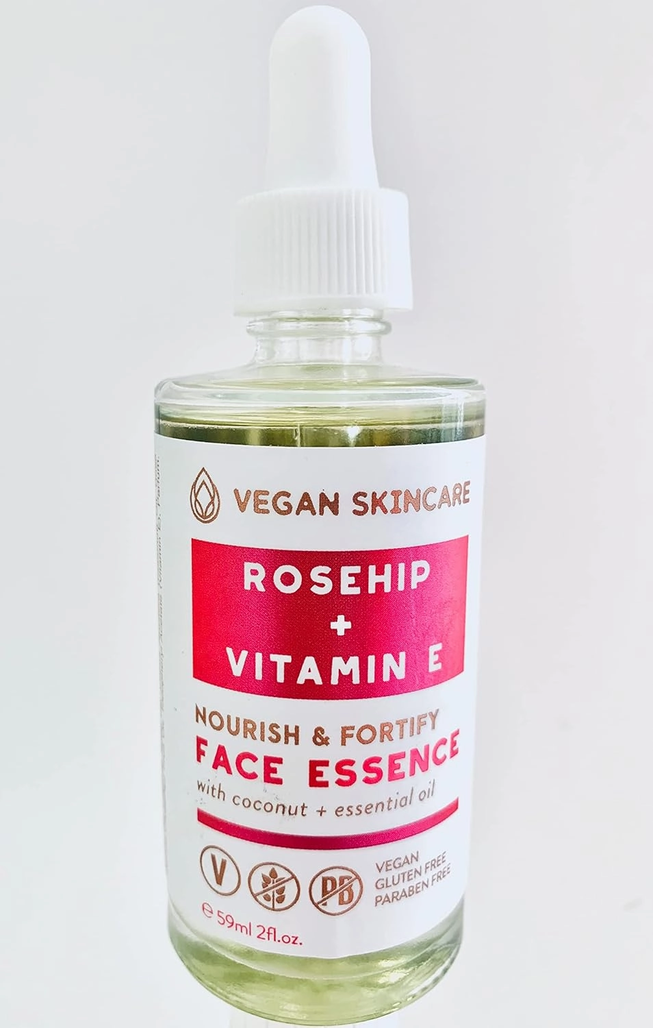 Vegan Skincare Face Oil Essence Rosehip and Vitamin E with coconut and essential oil. 2 fl oz Vegan/Gluten Free/Paraben Free