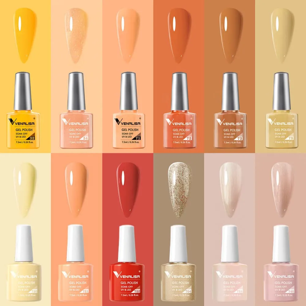 VENALISA Yellow Fall Gel Nail Polish Set, 12Pcs Orange Winter Kit With Gold Glitter Brown Colors, High Gloss Soak Off Polish for French Manicure Salon DIY