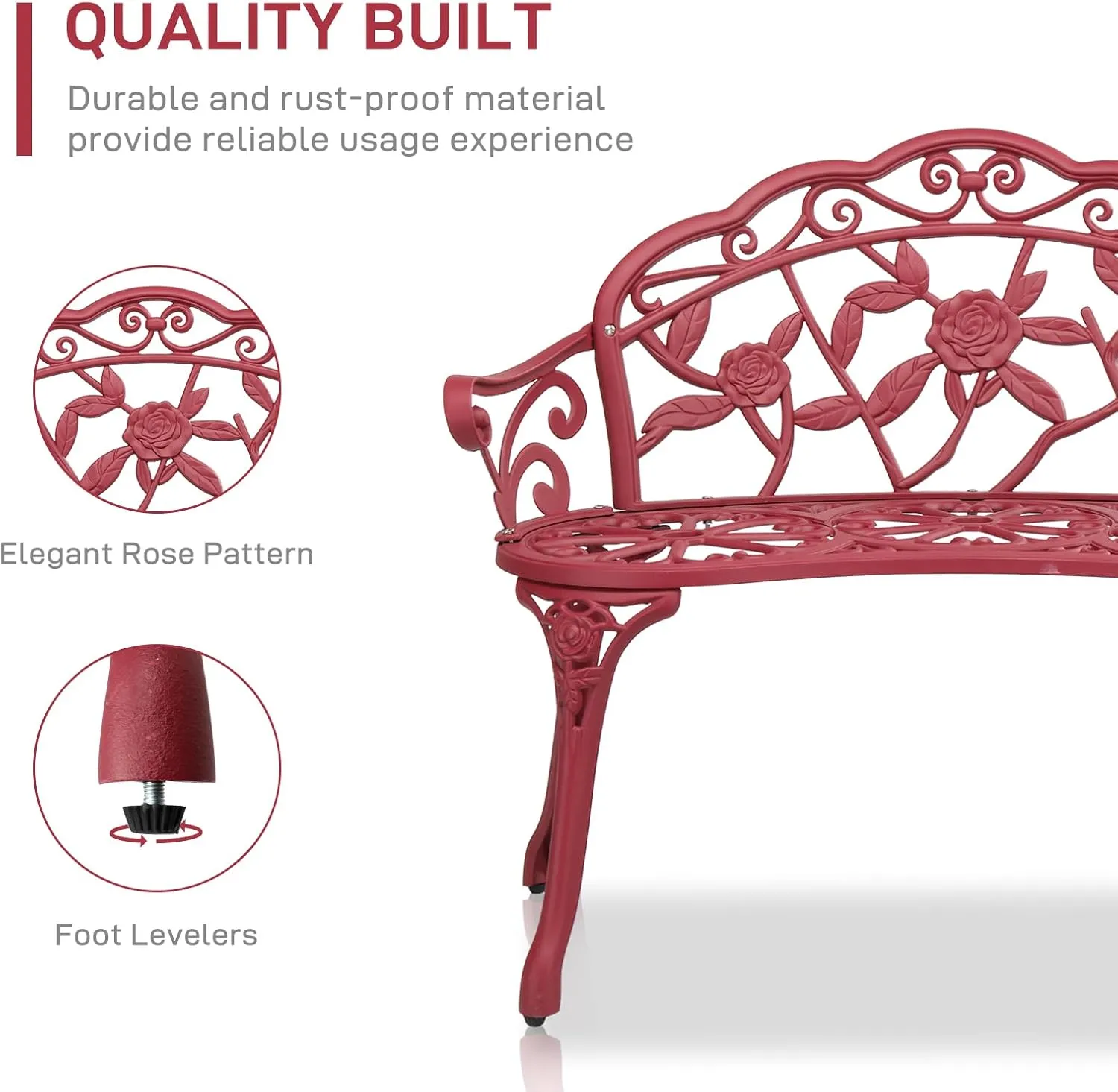 VINGLI 38.5" Patio Park Garden Outdoor Metal Rose Bench,Cast Aluminium Frame Antique Finish Chair,Accented Lawn Front Porch Path Yard Decor Deck Furniture for 2 Person Seat（Red