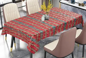 Violet Linen Seasonal Xmas Christmas Holiday Snowflakes Flairy Pinstripes Plaid Pattern, Polyester Embroidery, Metallic Thread, Woven Fabric, Red-Green, 60 inch by 102 inch, Rectangular Tablecloths