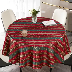 Violet Linen Seasonal Xmas Christmas Holiday Snowflakes Flairy Pinstripes Plaid Pattern, Polyester Embroidery, Metallic Thread, Woven Fabric, Red-Green, 60 inch Round, Tablecloths