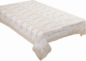 Violet Linen Fontainebleau Abstract Swirl Pattern, Polyester Embroidered Lace, with Macrame Lace Border, Ivory, 54 inch by 72 inch, Seats 4 to 6 People, Rectangular Tablecloths
