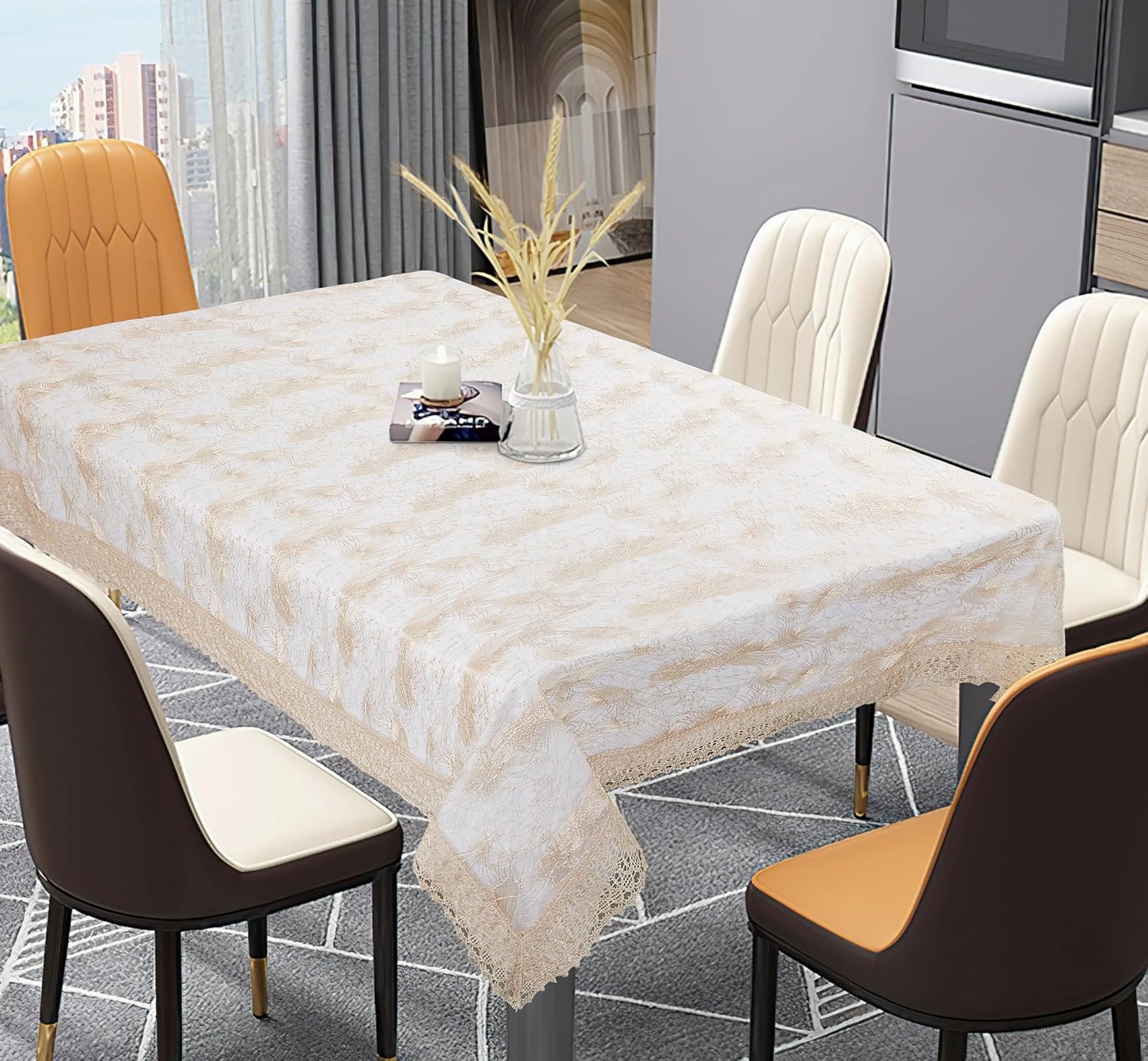 Violet Linen Fontainebleau Abstract Swirl Pattern, Polyester Embroidered Lace, with Macrame Lace Border, Ivory, 54 inch by 72 inch, Seats 4 to 6 People, Rectangular Tablecloths