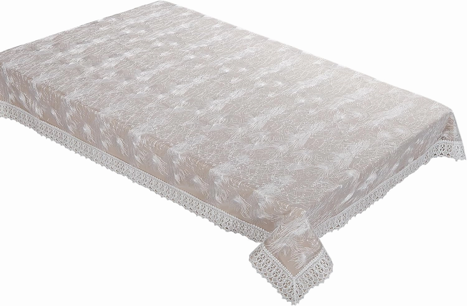 Violet Linen Fontainebleau Abstract Swirl Pattern, Polyester Embroidered Lace, with Macrame Lace Border, White, 54 inch by 72 inch, Seats 4 to 6 People, Rectangular Tablecloths