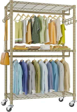 VIPEK R2 Plus Rolling Clothes Rack for Hanging Clothes Heavy Duty Garment Rack 3 Tiers Adjustable Wire Shelving Clothing Racks with Double Hanging Rods, Closet Organizers and Storage, Gold
