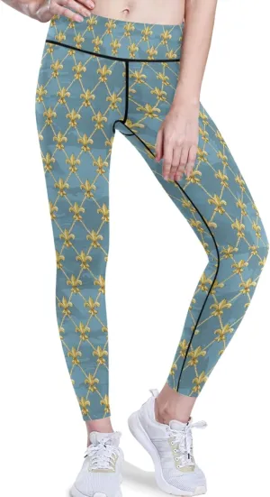 visesunny High Waist Yoga Pants with Pockets Golden Fleur-de-lis Pattern Buttery Soft Tummy Control Leggings