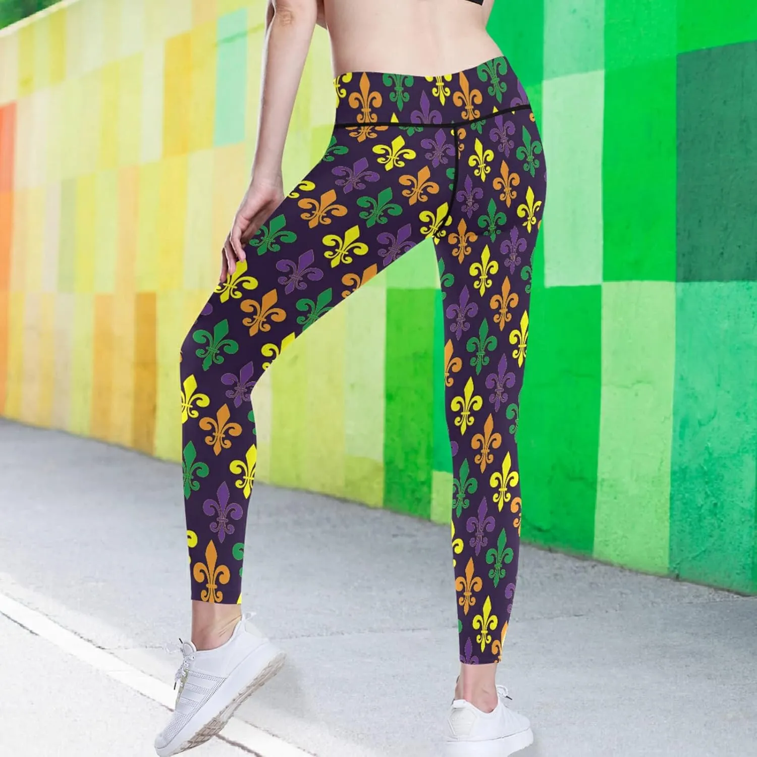 visesunny High Waist Yoga Pants with Pockets Golden Fleur-de-lis Pattern Buttery Soft Tummy Control Leggings
