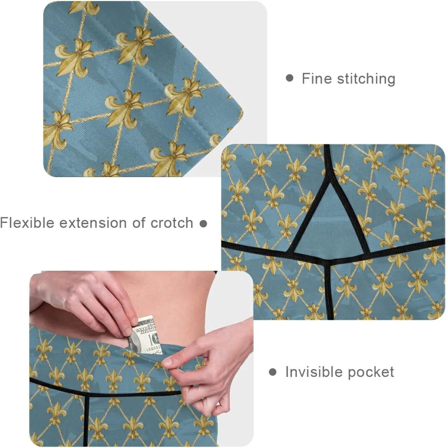 visesunny High Waist Yoga Pants with Pockets Golden Fleur-de-lis Pattern Buttery Soft Tummy Control Leggings