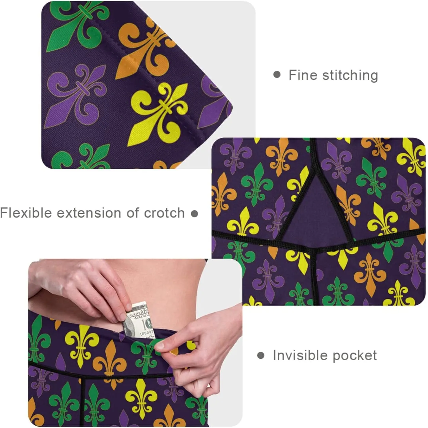 visesunny High Waist Yoga Pants with Pockets Golden Fleur-de-lis Pattern Buttery Soft Tummy Control Leggings