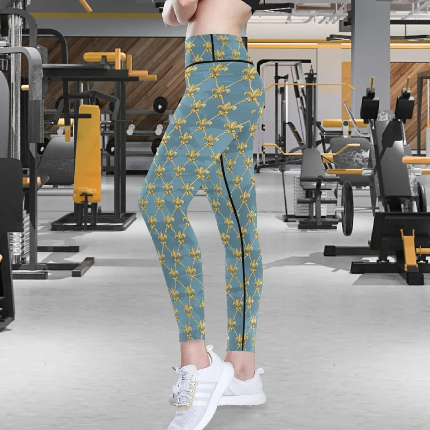 visesunny High Waist Yoga Pants with Pockets Golden Fleur-de-lis Pattern Buttery Soft Tummy Control Leggings