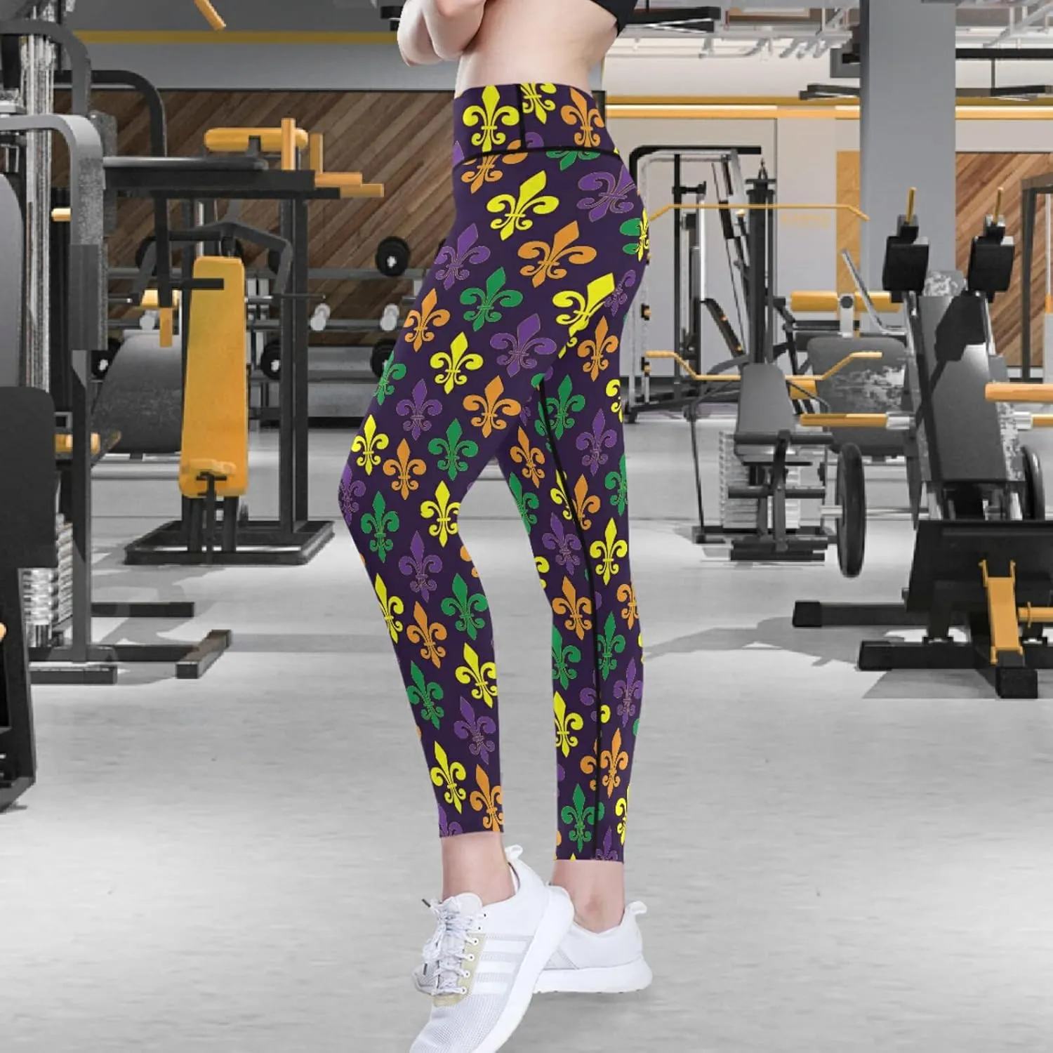 visesunny High Waist Yoga Pants with Pockets Golden Fleur-de-lis Pattern Buttery Soft Tummy Control Leggings