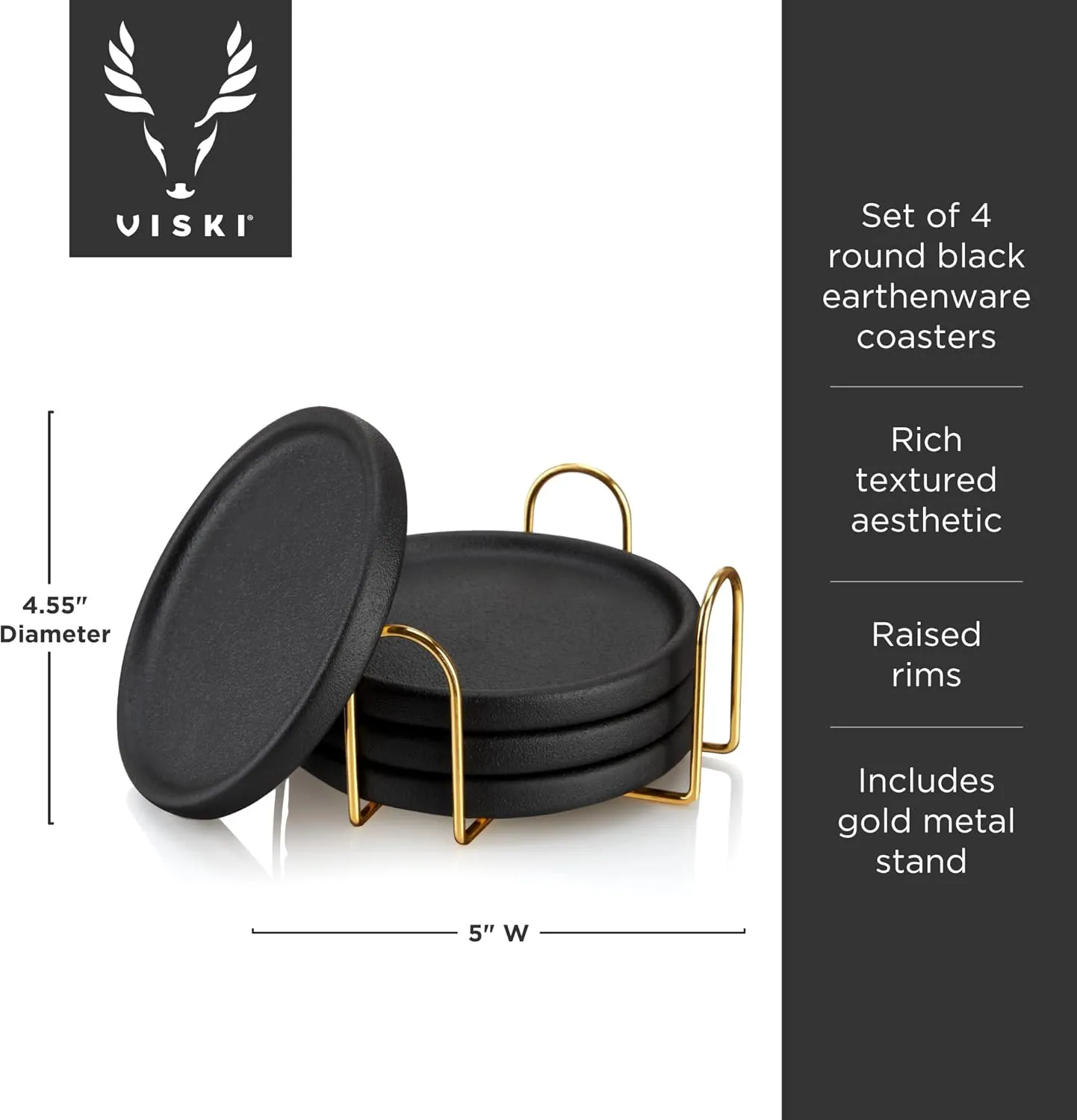 Viski Earthenware Coasters Set of 4 - Ceramic Drink Coasters - Outdoor Coasters for Drinks - Unique Coasters with Gold Stand Black
