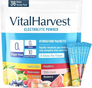 VitalHarvest 36 Sticks Electrolytes Powder Packets 6 Flavors Sugar Free Hydration Packets Electrolyte Liquid Daily IV Drink Mix with Lemon Lime, Watermelon, Orange, Raspberry, White Peach, Blueberry