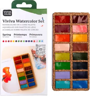 Viviva VV276051 Watercolour Paint Set, 16 Lightfast and Vivid Colours in Bowls on Cork Palette for Outdoor and Travel, Handmade - 16 Spring Colours