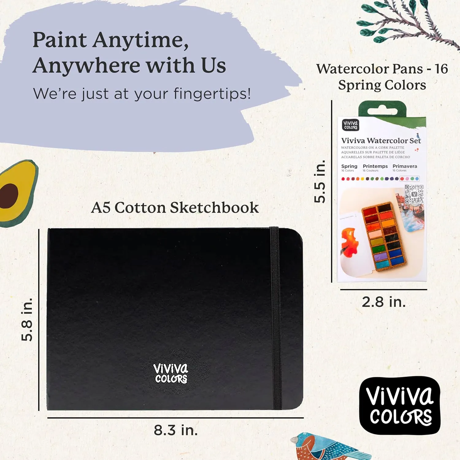 Viviva VV276051 Watercolour Paint Set, 16 Lightfast and Vivid Colours in Bowls on Cork Palette for Outdoor and Travel, Handmade - 16 Spring Colours