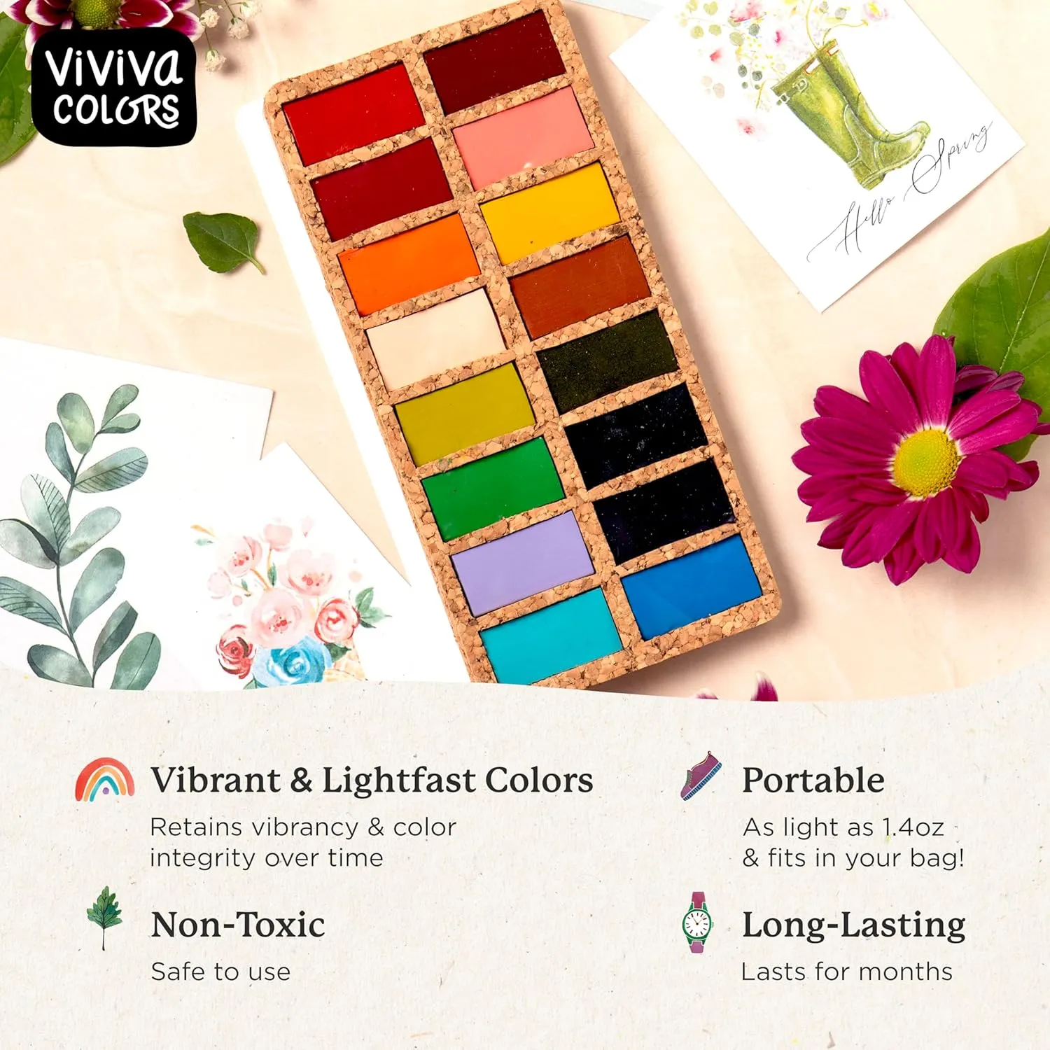 Viviva VV276051 Watercolour Paint Set, 16 Lightfast and Vivid Colours in Bowls on Cork Palette for Outdoor and Travel, Handmade - 16 Spring Colours