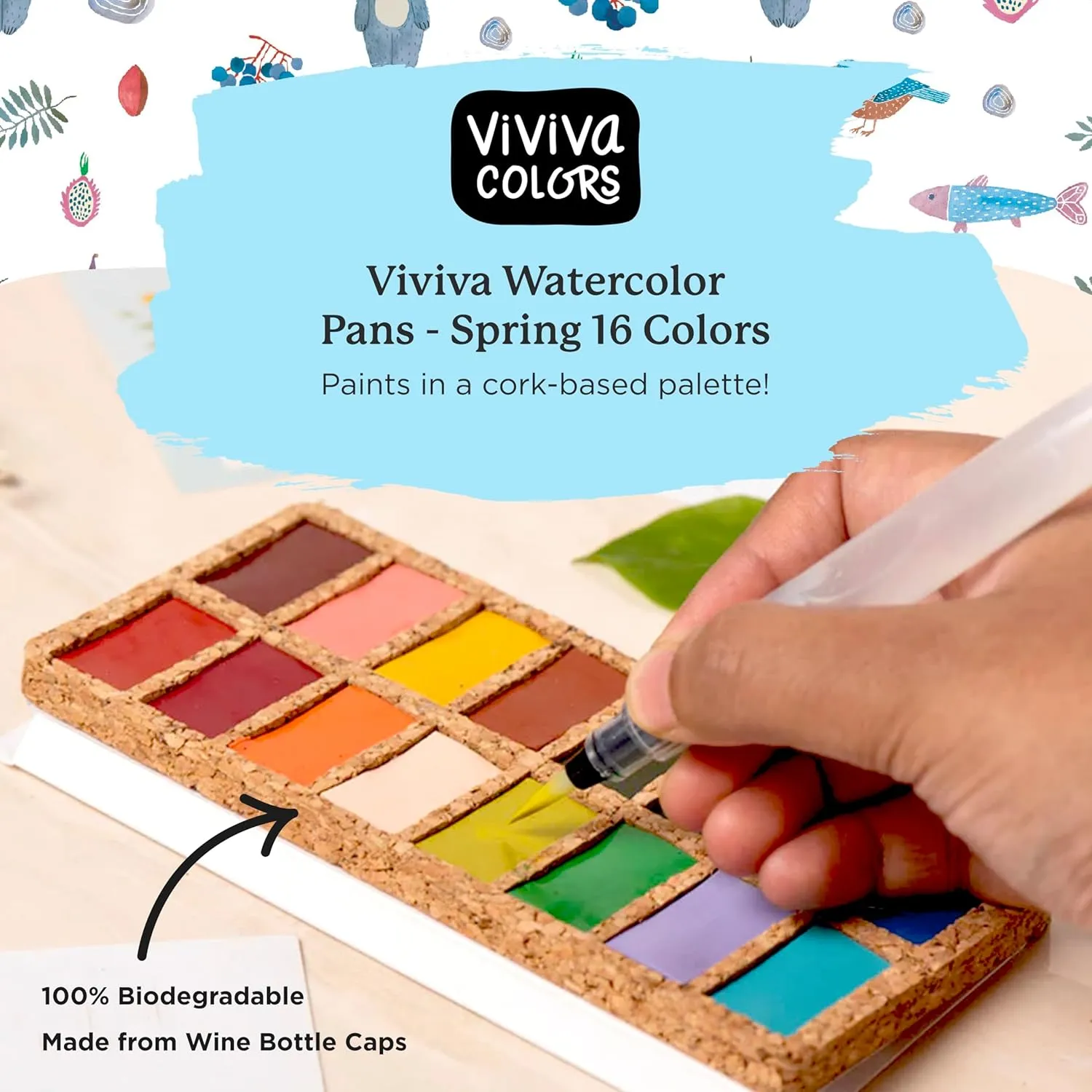 Viviva VV276051 Watercolour Paint Set, 16 Lightfast and Vivid Colours in Bowls on Cork Palette for Outdoor and Travel, Handmade - 16 Spring Colours