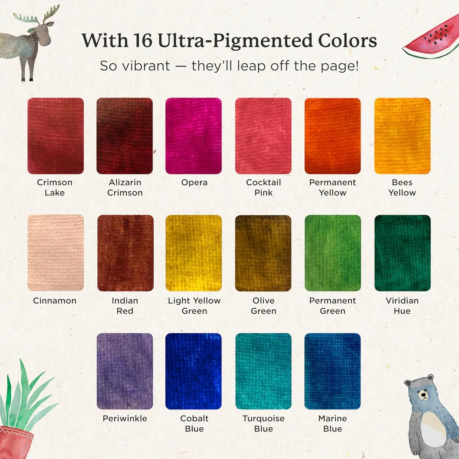 Viviva VV276051 Watercolour Paint Set, 16 Lightfast and Vivid Colours in Bowls on Cork Palette for Outdoor and Travel, Handmade - 16 Spring Colours