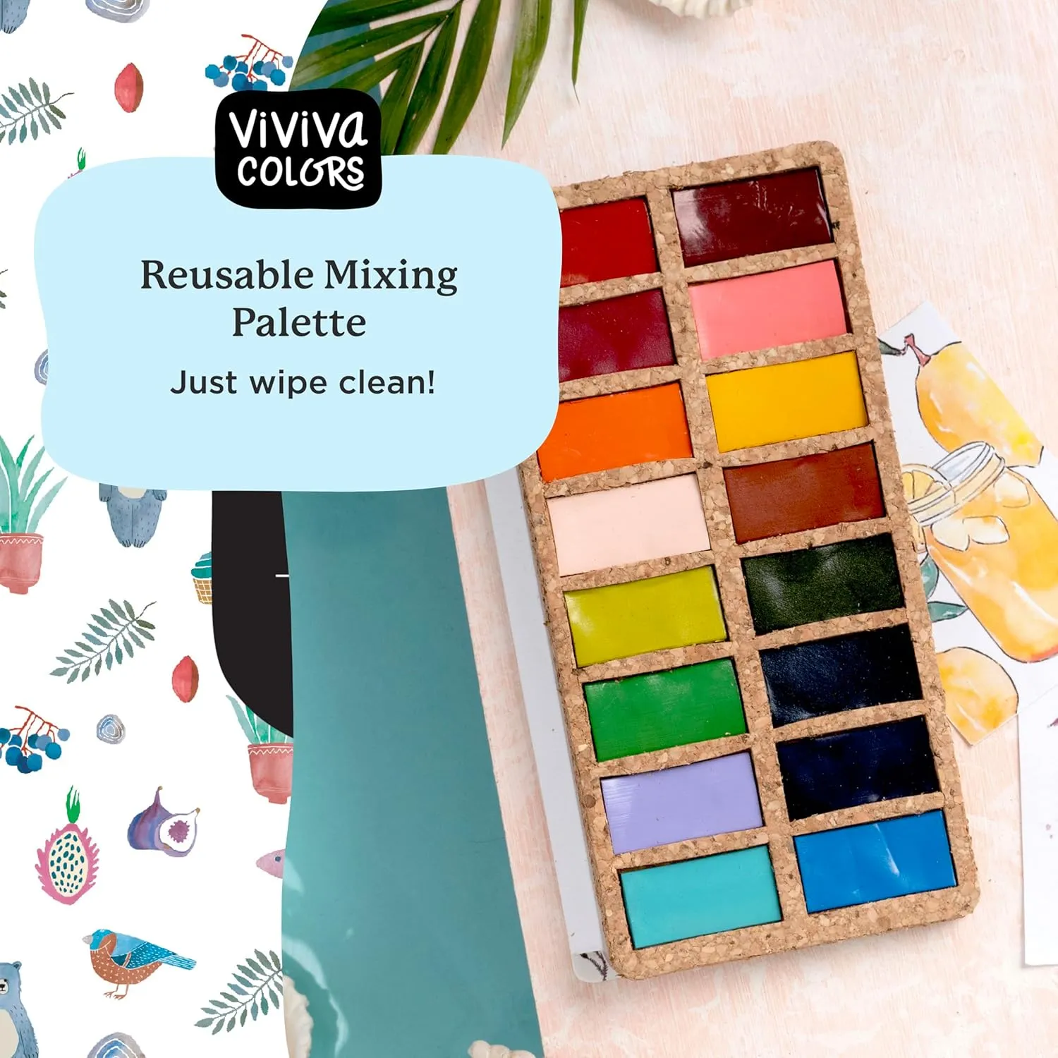 Viviva VV276051 Watercolour Paint Set, 16 Lightfast and Vivid Colours in Bowls on Cork Palette for Outdoor and Travel, Handmade - 16 Spring Colours