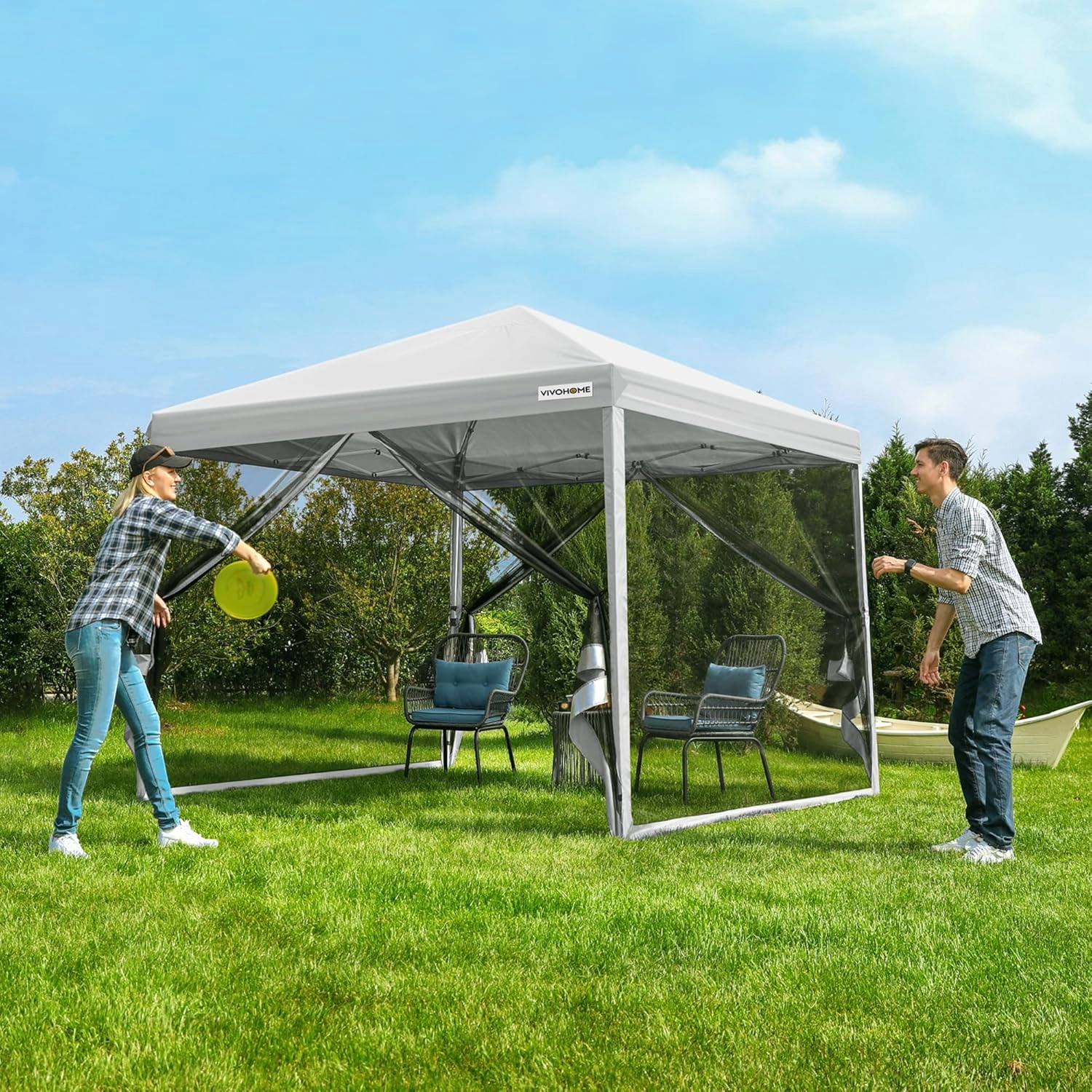 VIVOHOME 8x8ft Easy Pop-Up Canopy, Outdoor Screen Tent with Mosquito Netting, 2 Zipper Doors, and Roller Bag for Yard Camping Picnic Party Events, White