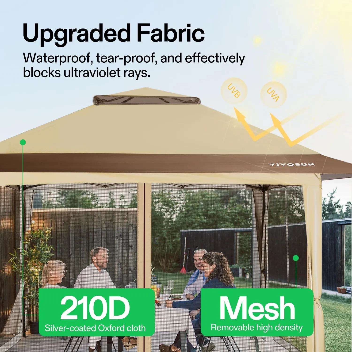 VIVOSUN 13 x 13 Pop Up Canopy Tent, Quick Setup Canopy Shelter with Mosquito Netting, Center Lock, Storage Bag, Instant Outdoor Gazebo for Parties, Patio, Lawn, Garden, Backyard, Khaki